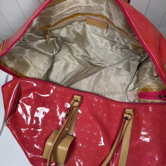 Arcadia Large Pink Embossed Patent Leather Duffle Bag Glam Preppy Lux Weekender - Picture 9 of 13